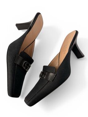 Auth Gucci Black square toe Loafer Mule kitten heel 7.5 vintage retro 90s y2k